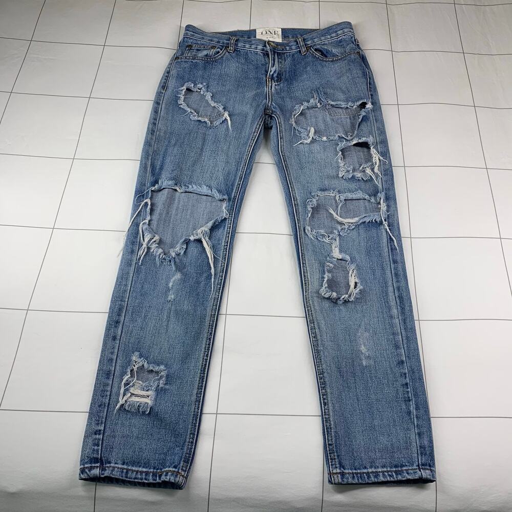 One by One Teaspoon Jeans Women 25 Blue Relaxed Leg Taper Rolled Cuff Distressed